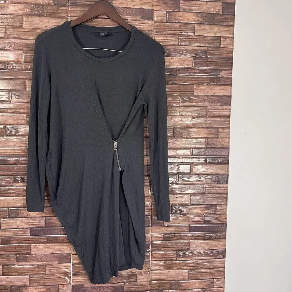 ALLSAINTS Charcoal Gray Dress Womes Size M Front Zip Long Sleeves Viscose Wool